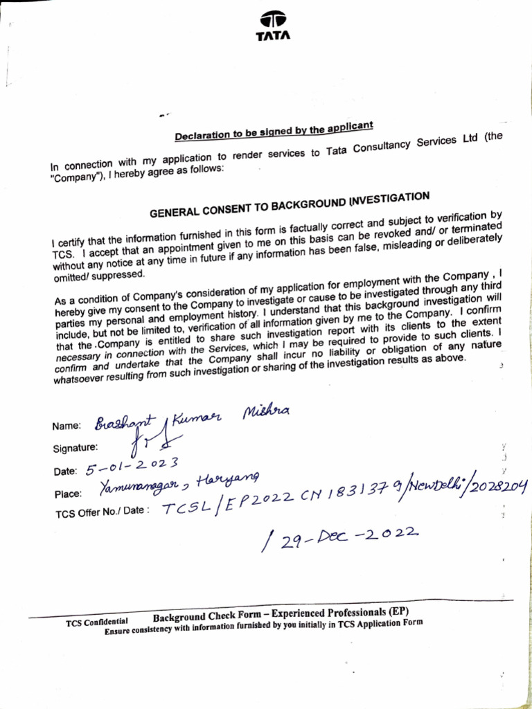 TCS Background Check Declaration Form | PDF | Background Check | Justice