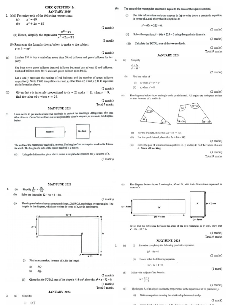 CSEC Question 2s Algebra | PDF | Mathematics | Algebra