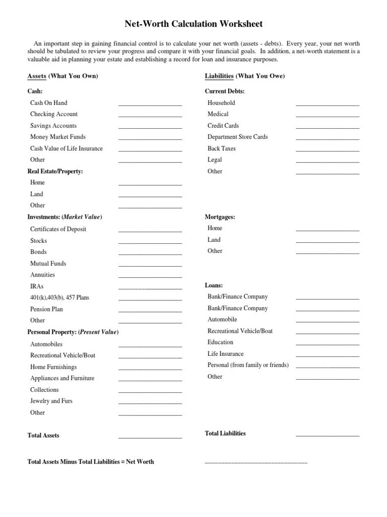 Net-Worth Calculation Worksheet: Assets (What You Own) Liabilities ...