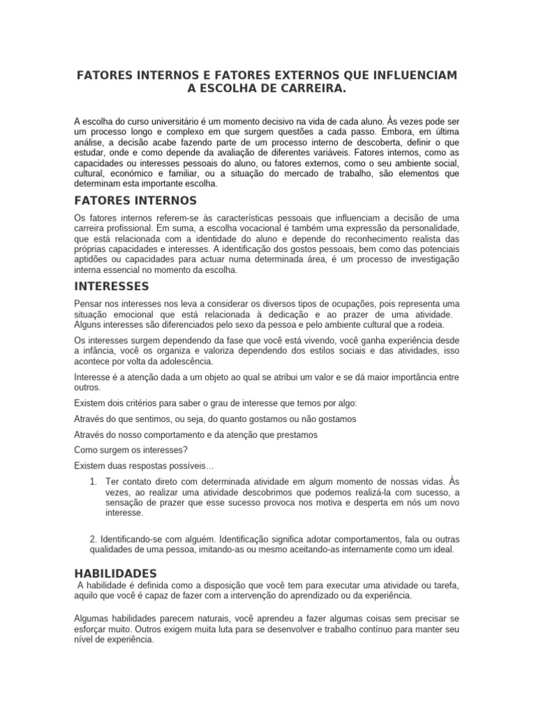 Fatores na Escolha de Carreira | PDF | Atitude (Psicologia) | Experiência