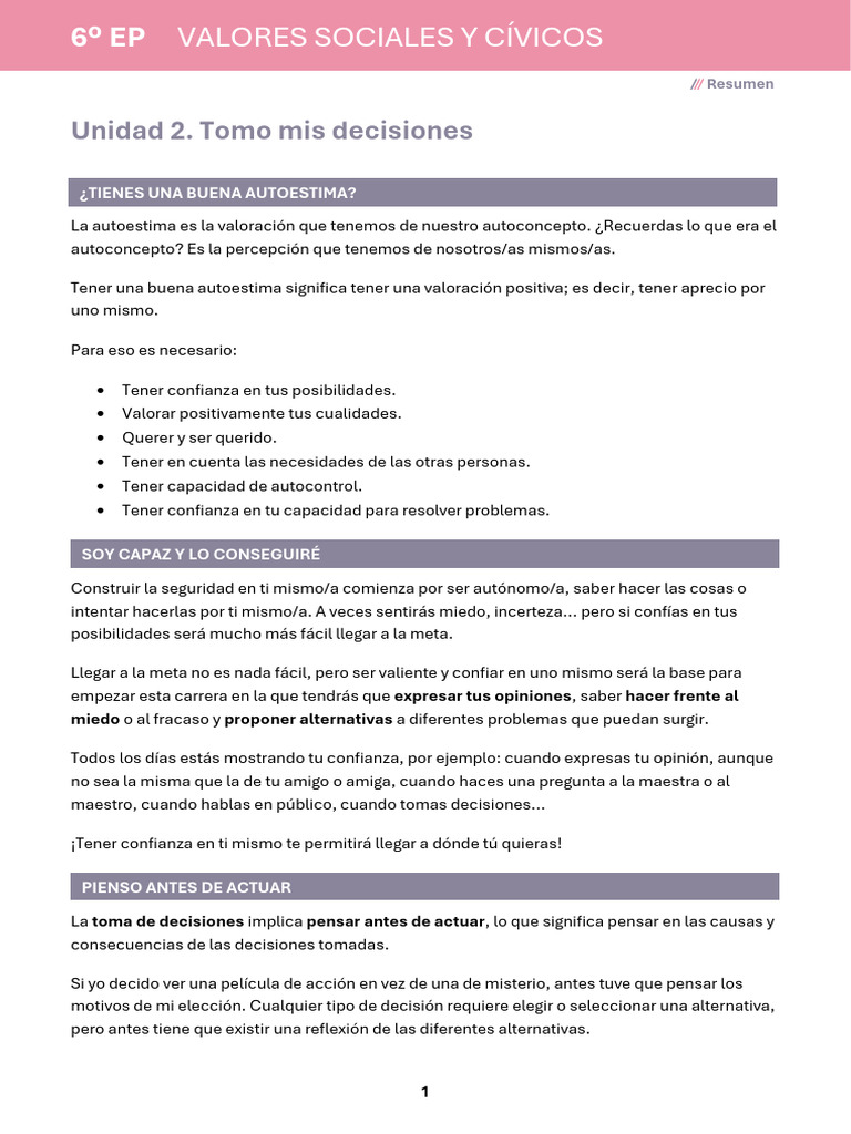 Autoestima y Toma de Decisiones en 6º EP | PDF | Autoestima ...