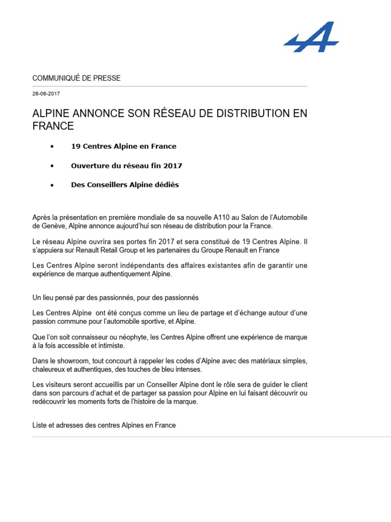 Réseau de distribution Alpine en France | PDF | Véhicules de luxe ...