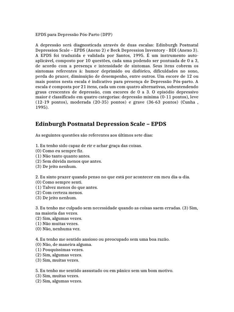EPDS: Diagnóstico de Depressão Pós-Parto | PDF | Depressão