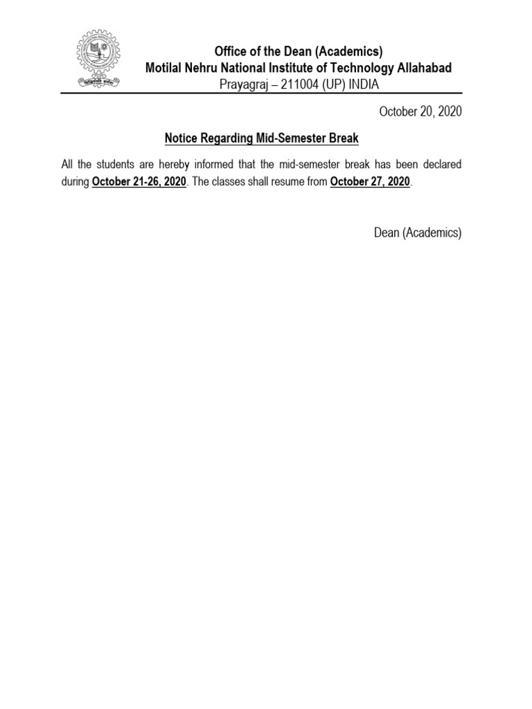 Mid-Semester Break Notice 2020 | PDF