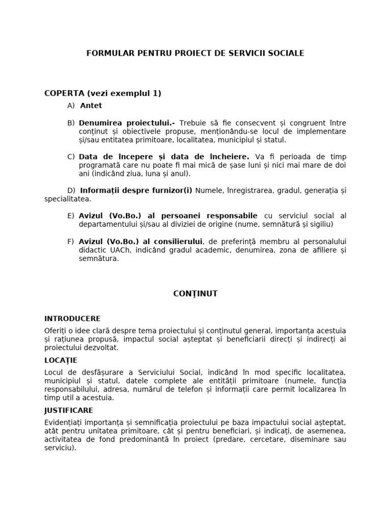 Format Pentru Proiect de Serviciu Social | PDF