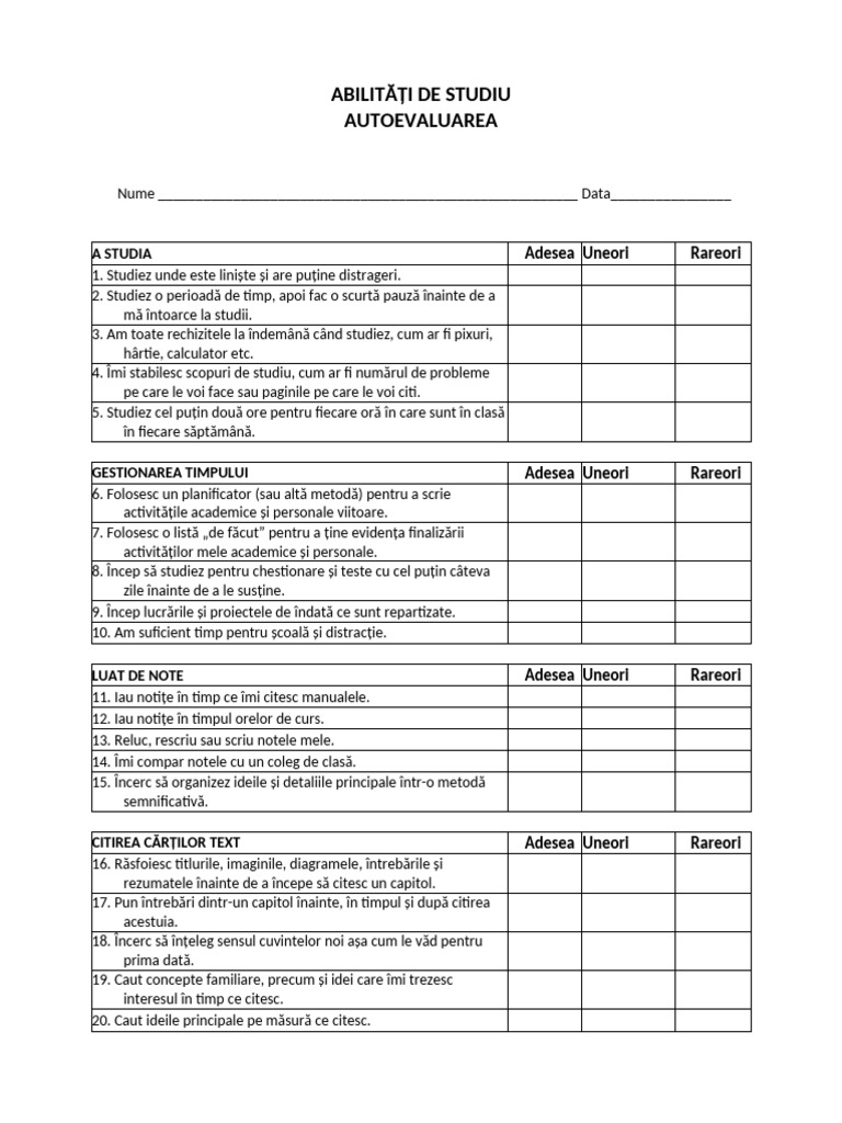 Autoevaluare Abilități de Studiu | PDF