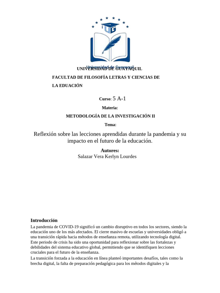 Reflexión Sobre Las Lecciones Aprendidas Durante La Pandemia y Su ...