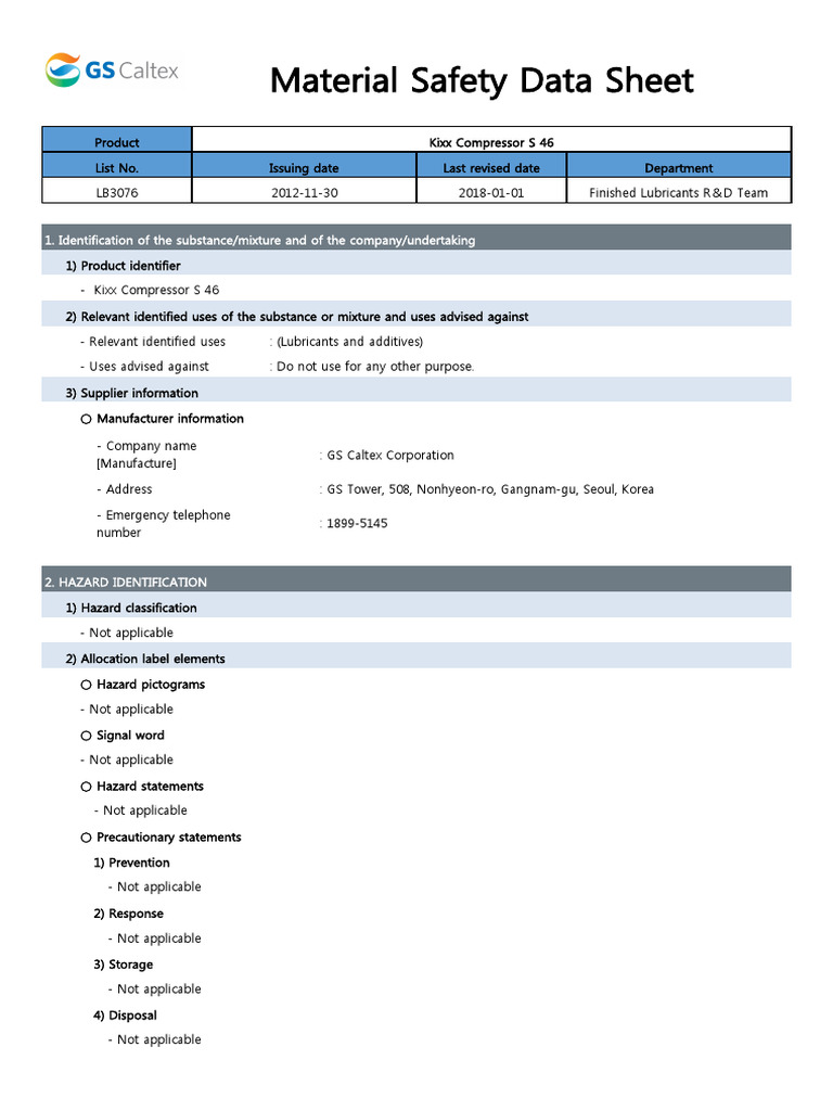 Kixx Compressor S 46 Safety Data Sheet | PDF | Waste | Fires
