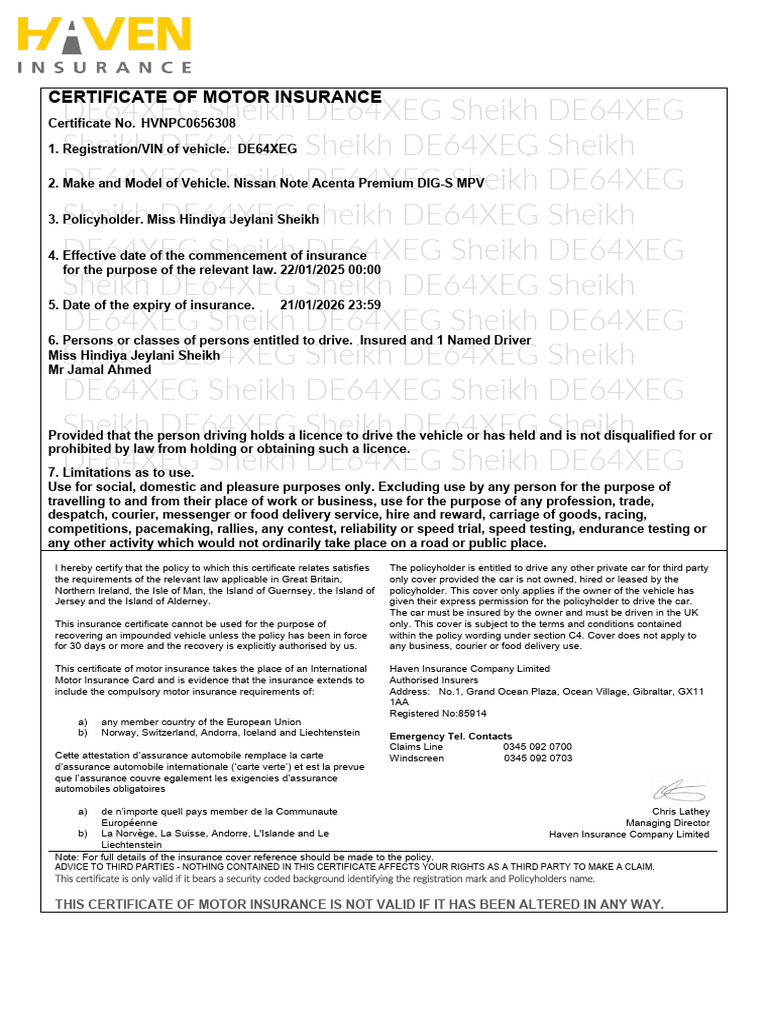 Motor Insurance Certificate DE64XEG | PDF | Insurance | Vehicle Insurance