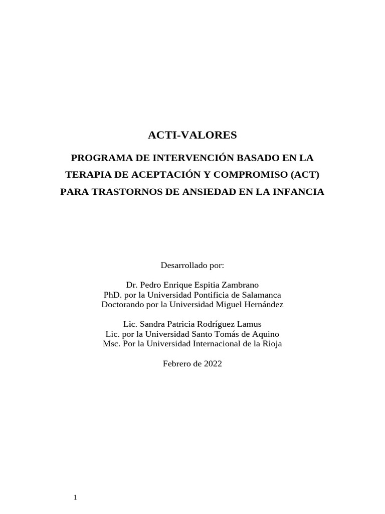 Programa ACT para Ansiedad Infantil | PDF | Ansiedad | Trastorno de ...