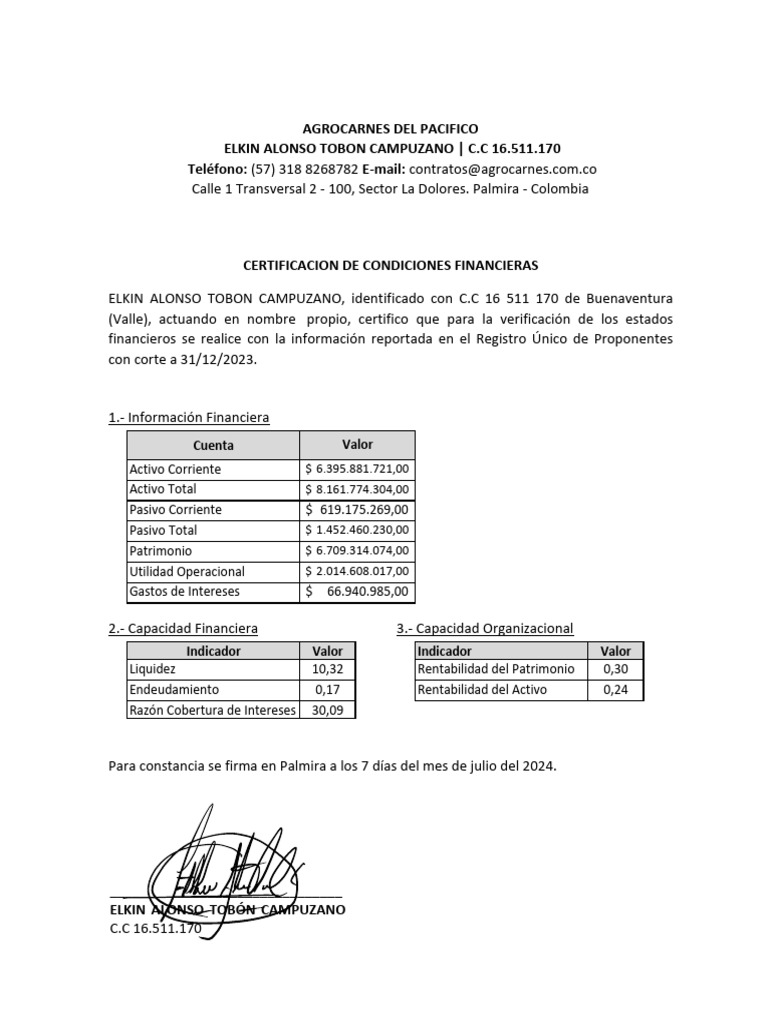 Certificacion de Condiciones Financieras 2023 | PDF