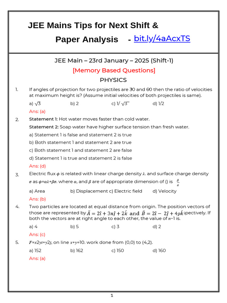 JEE Main 2025 Physics and Chemistry Questions | PDF | Applied And ...
