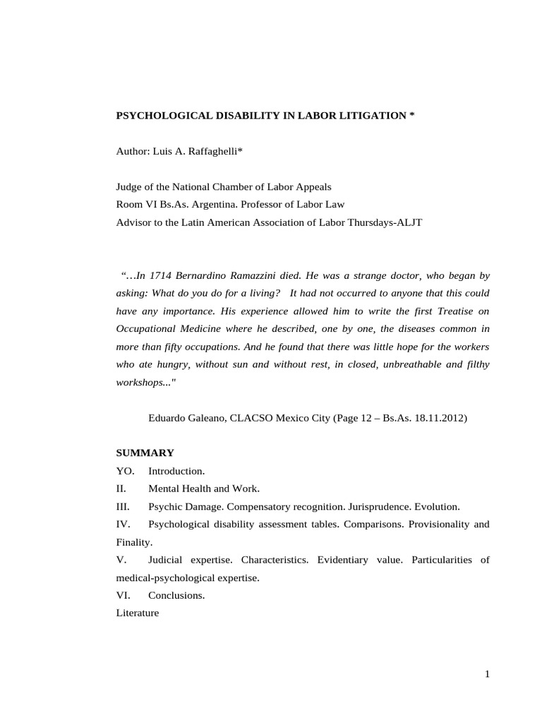 Psychological Disability in Labor Law | PDF | Occupational Safety And ...