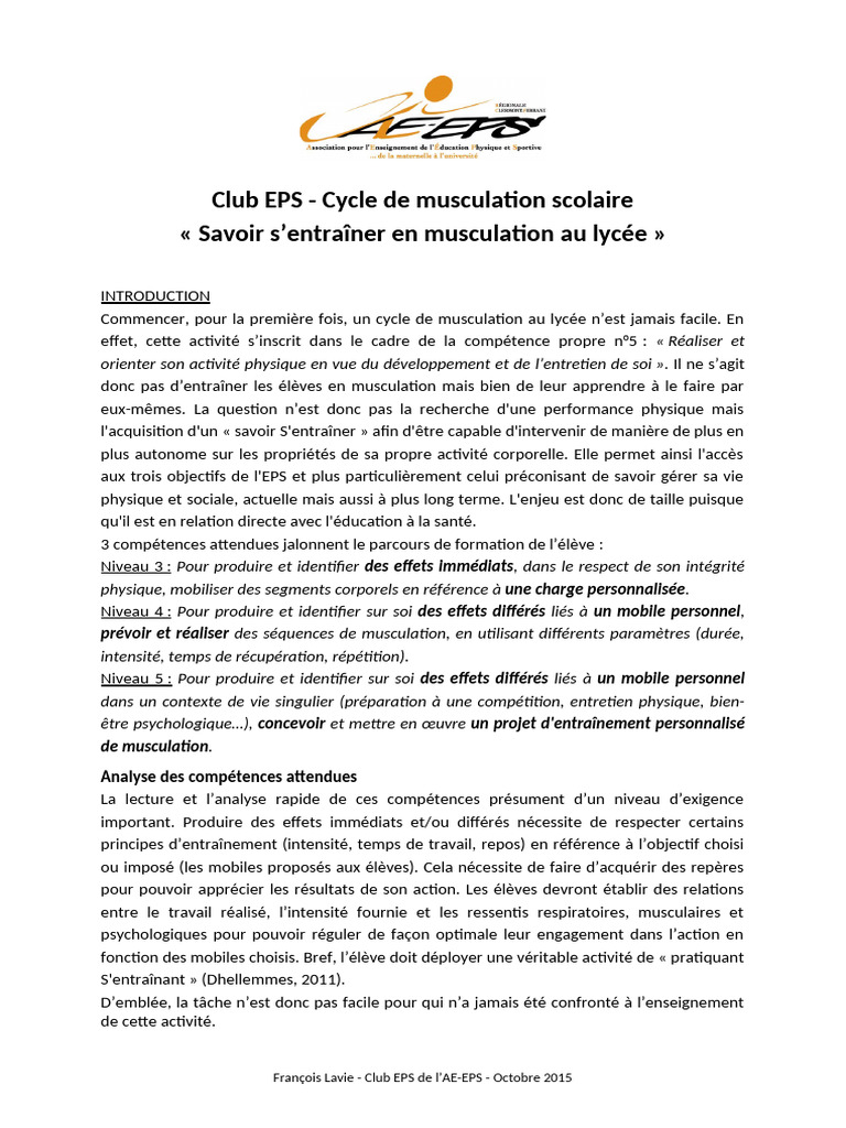 Musculation Scolaire : Guide Pratique EPS | PDF | Musculation
