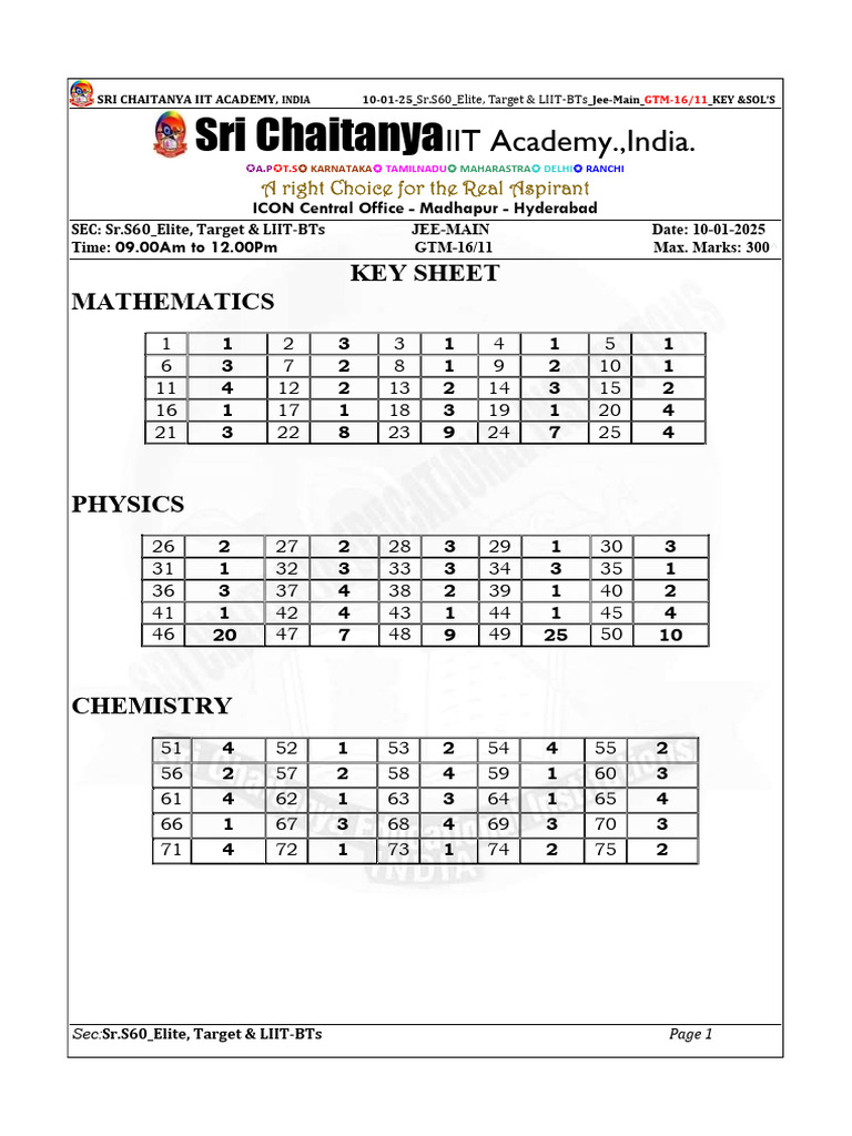 JEE Main Key Solutions - Sri Chaitanya | PDF | Chemistry | Organic ...