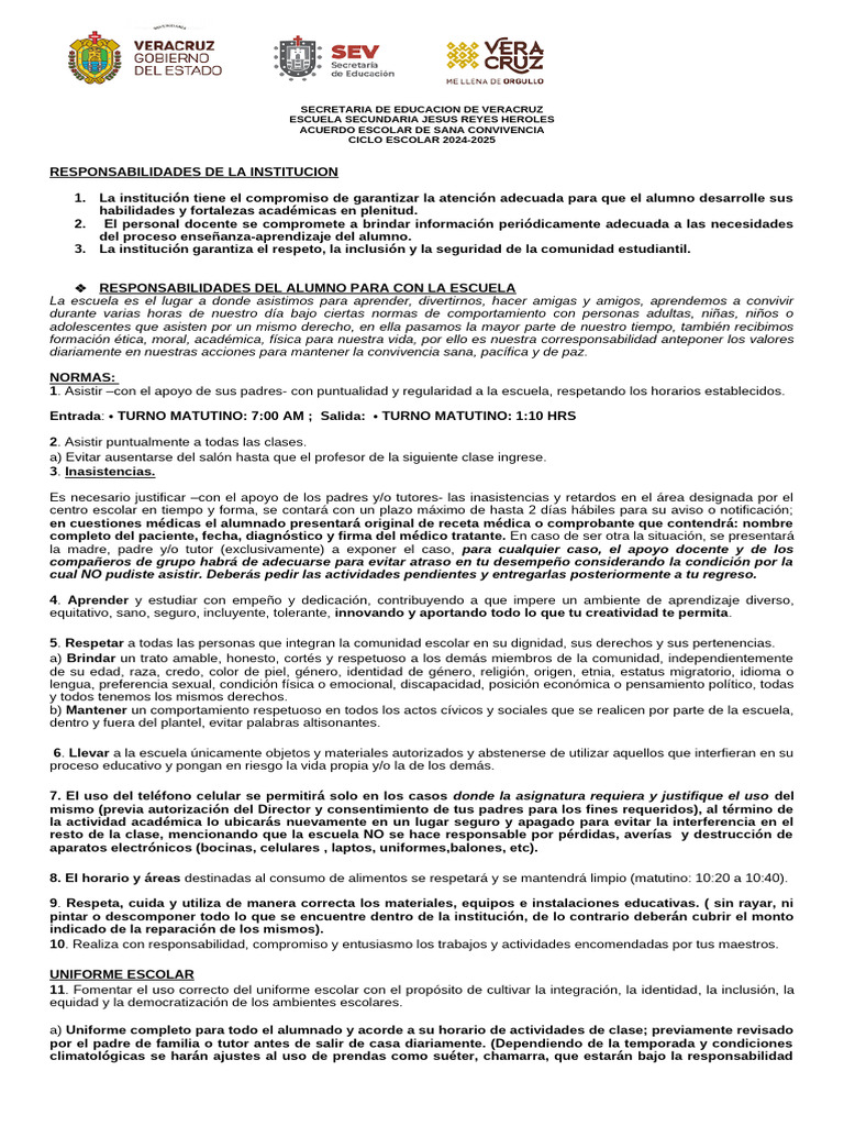 Acuerdo de Sana Convivencia Escolar 2024-2025 | PDF | Escuelas | Maestros