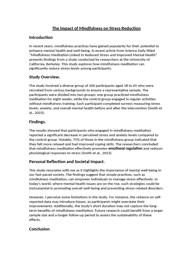 Mindfulness Meditation Reduces Stress | PDF | Mindfulness | Mental Health
