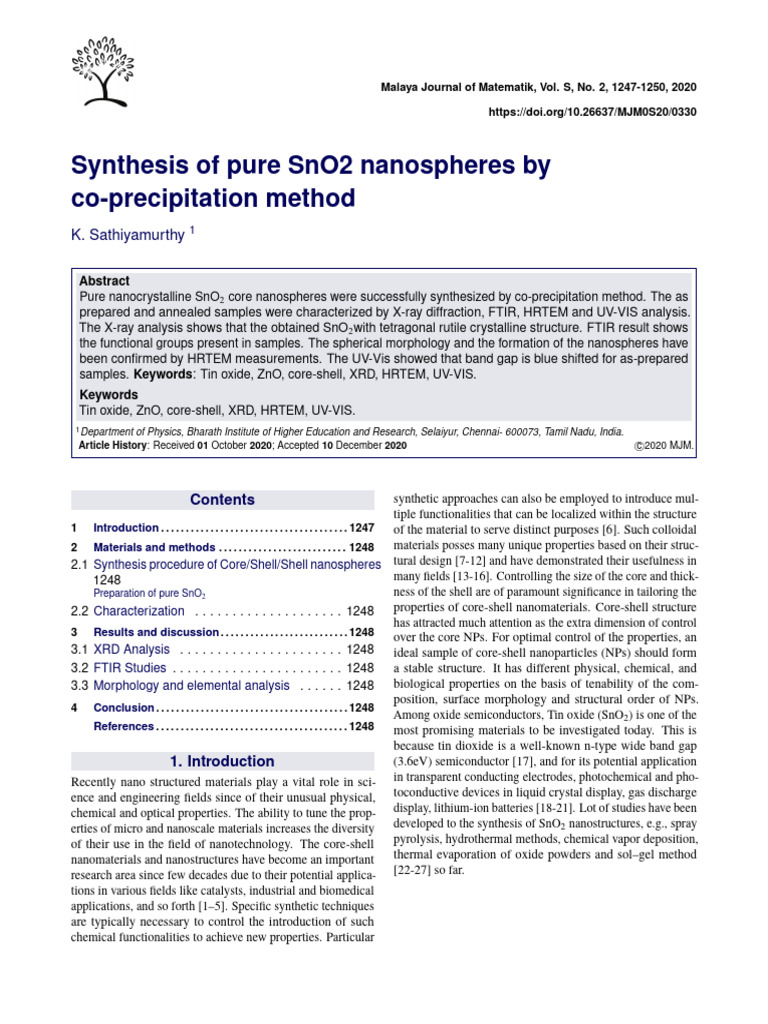 Synthesis of SnO2 Nanospheres via Co-Precipitation | PDF ...