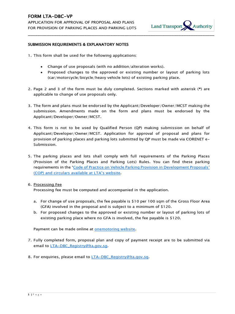 Parking Proposal Application Form LTA-DBC-VP | PDF | Parking | Transport