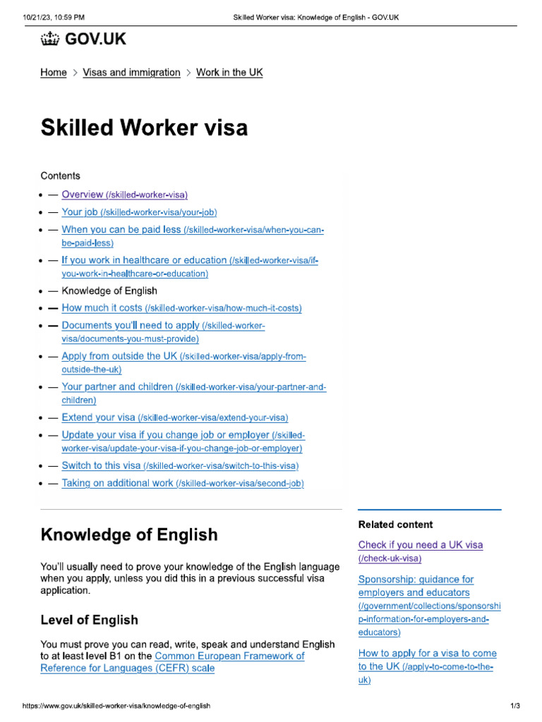 Skilled Worker Visa - Knowledge of English - GOV | PDF