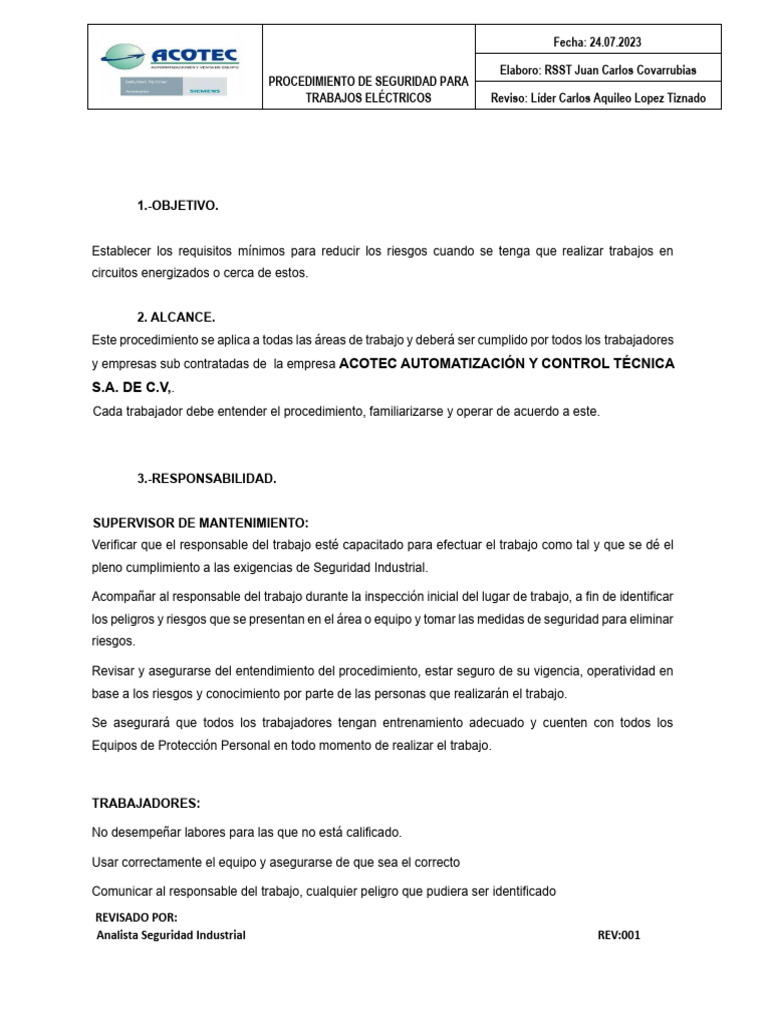 Procedimiento Seguridad Trabajos Electricos - Acotec | PDF | Aislador ...
