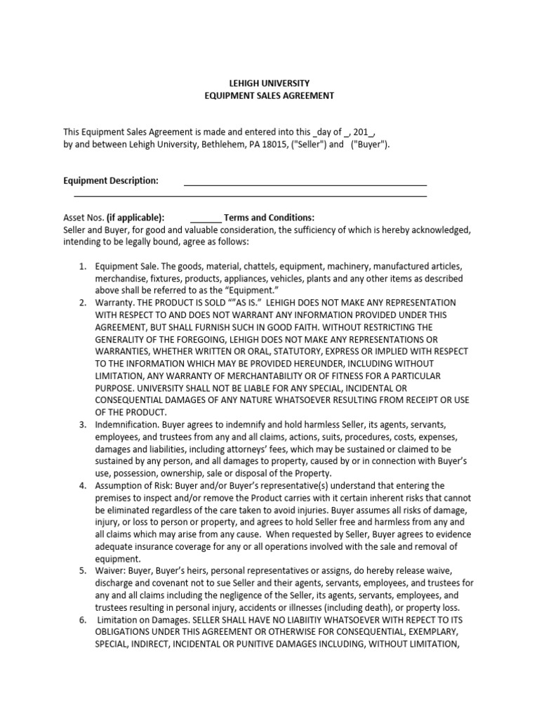 Equipment Sales Agreement 2018 | PDF | Indemnity | Damages