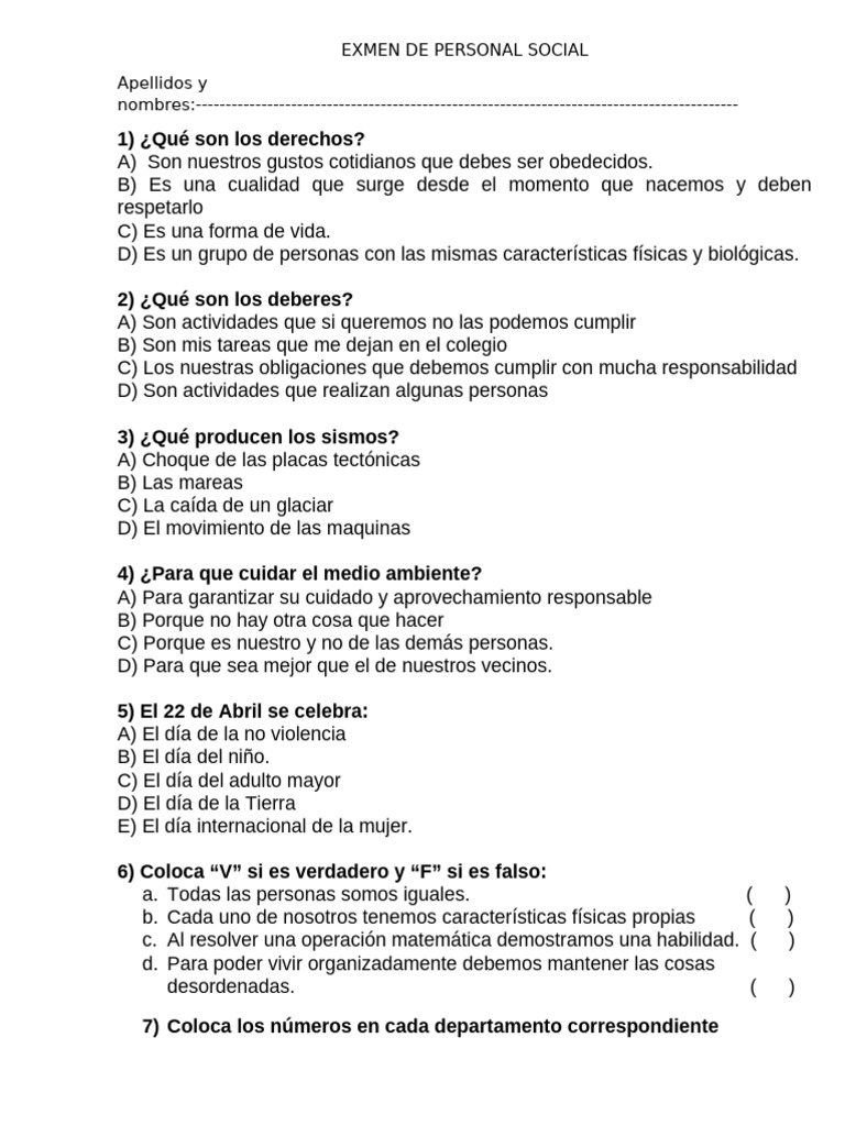 Examen de Personal Social 3er Bimestre | PDF | Perú