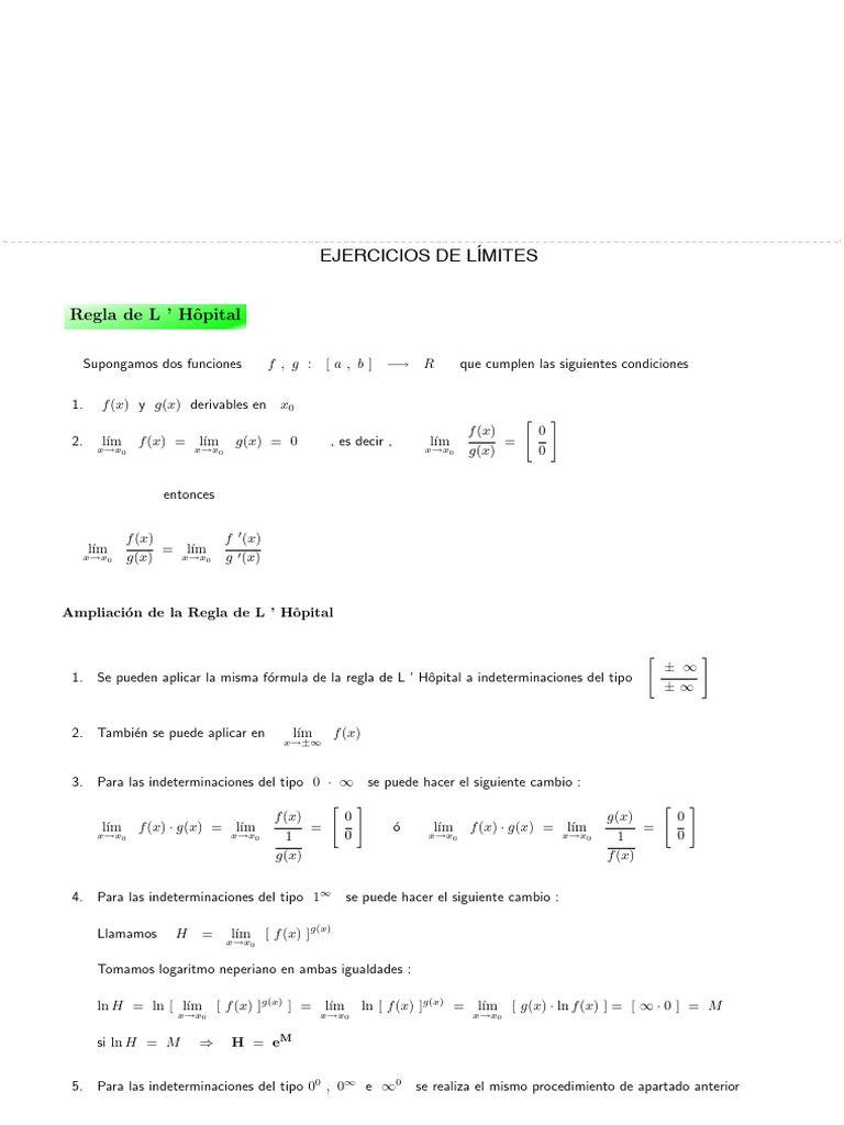 Ejercicios de la Regla de L'Hôpital | PDF | Matemáticas | Análisis ...