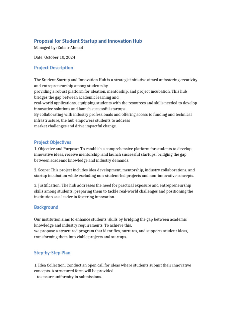 Student Startup Innovation Hub Proposal | PDF | Startup Company | Small ...