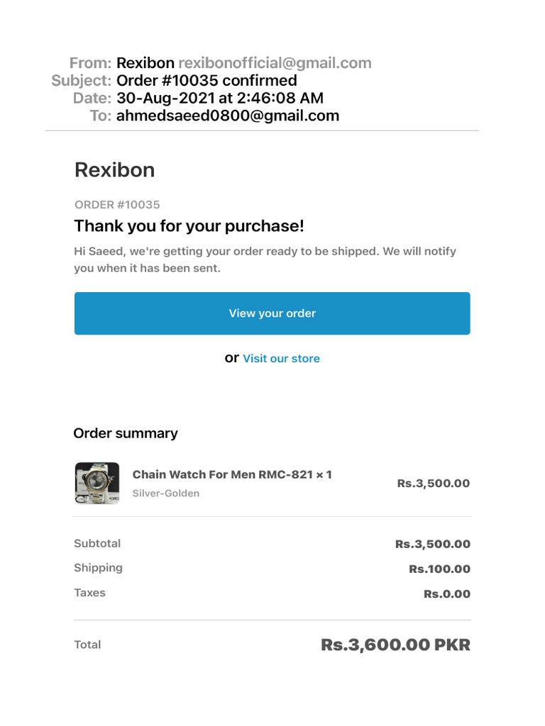 Order Confirmation for Chain Watch RMC-821 | PDF