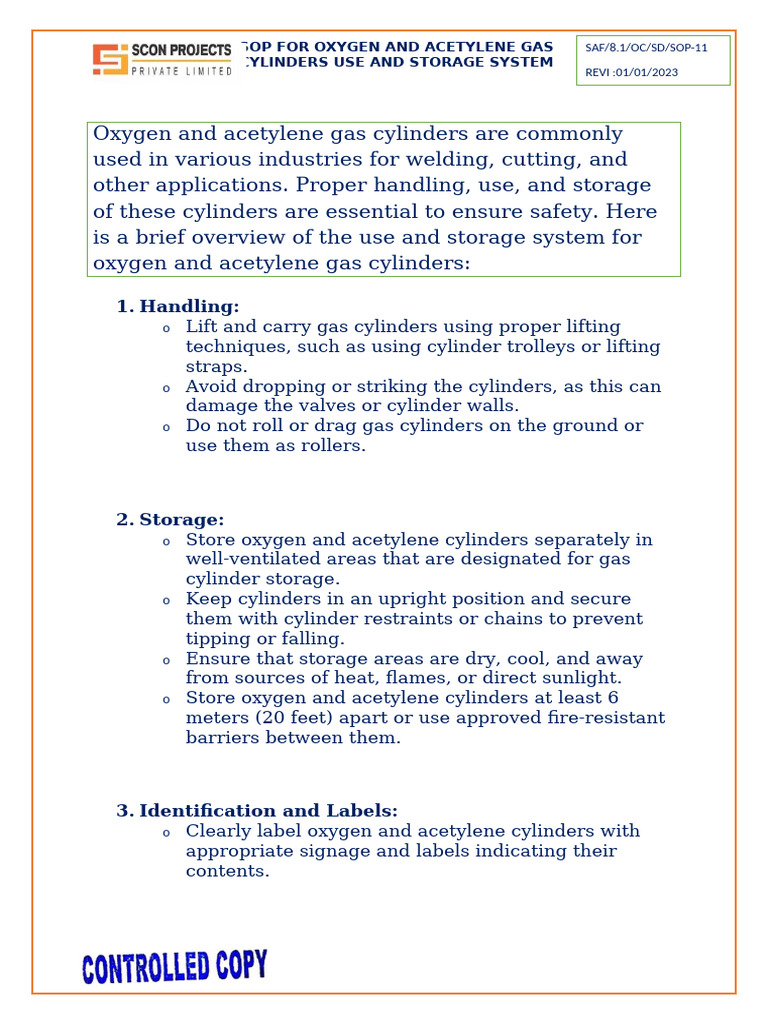 Oxygen & Acetylene Cylinder Safety SOP | PDF | Equipment | Gases