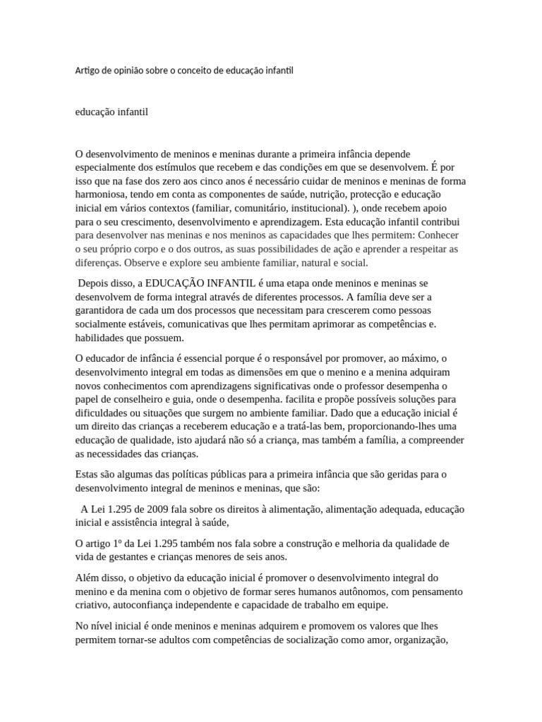 Artigo de Opinião Sobre o Conceito de Educação Infantil Maria | PDF ...