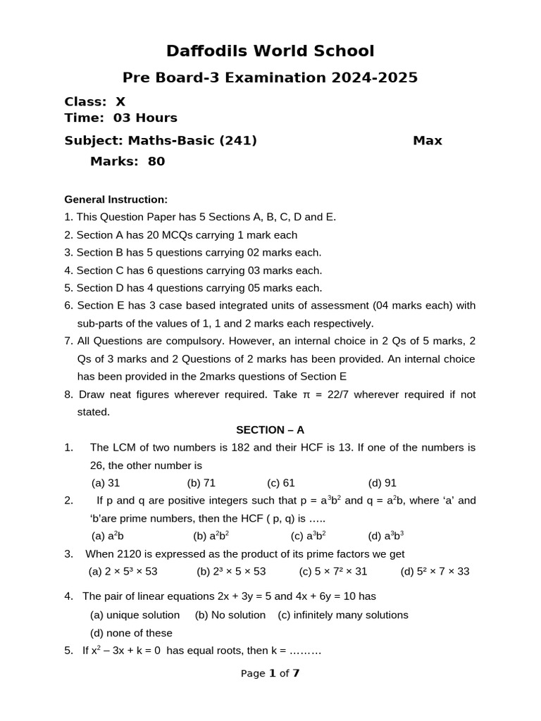 Maths 241 Class X Pre Board Exam 2024 | PDF | Sphere | Circle