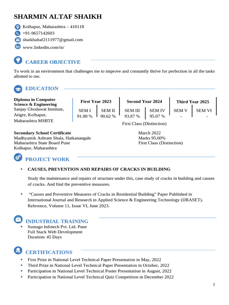 Sharmin Altaf Shaikh - CV & Achievements | PDF