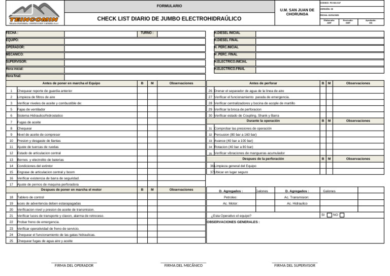 8. Formato de Check List de Jumbo Electrohidraulico | PDF