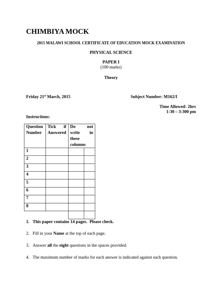 2015 Physical Science Paper I | PDF | Chlorine | Gases