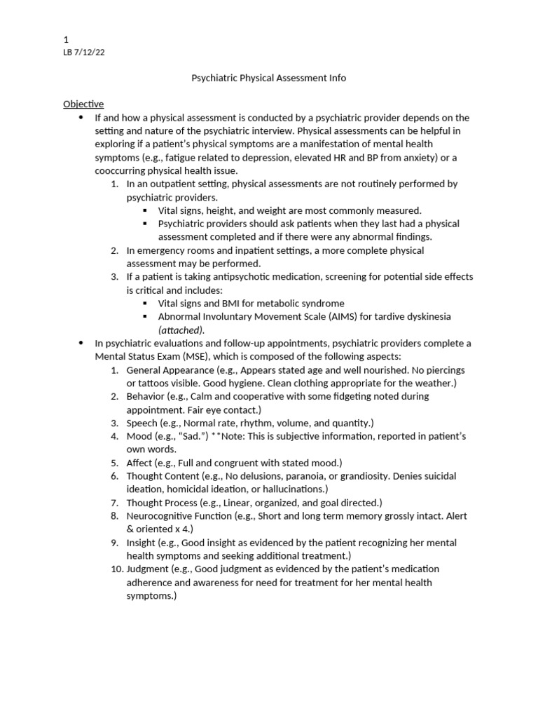 Psychiatric Physical Assessment Guide | PDF | Psychiatry | Disability