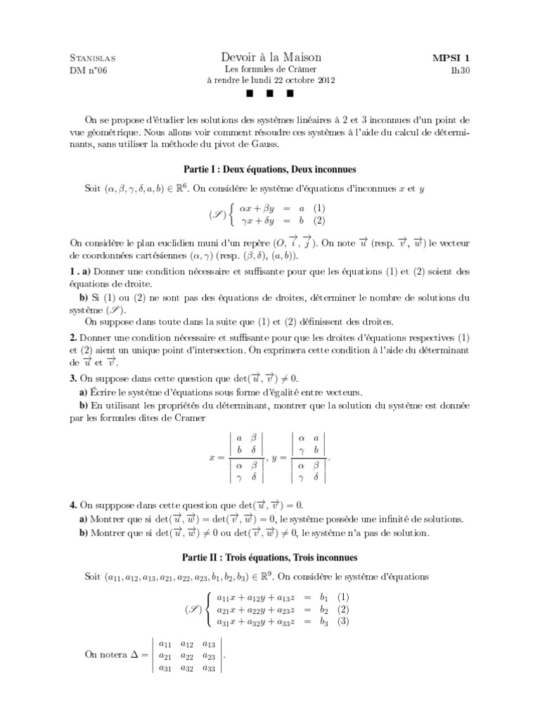 Formules de Cramer et systèmes linéaires | PDF | Équations | Droite ...