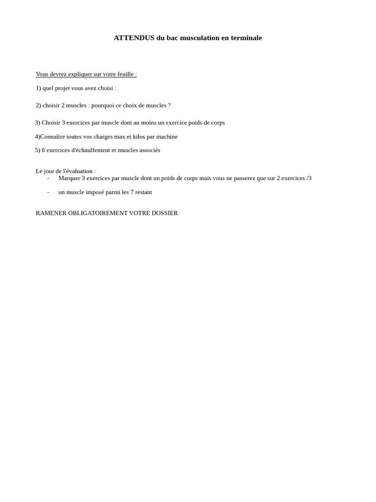 Fiche élève musculation bac terminale | PDF