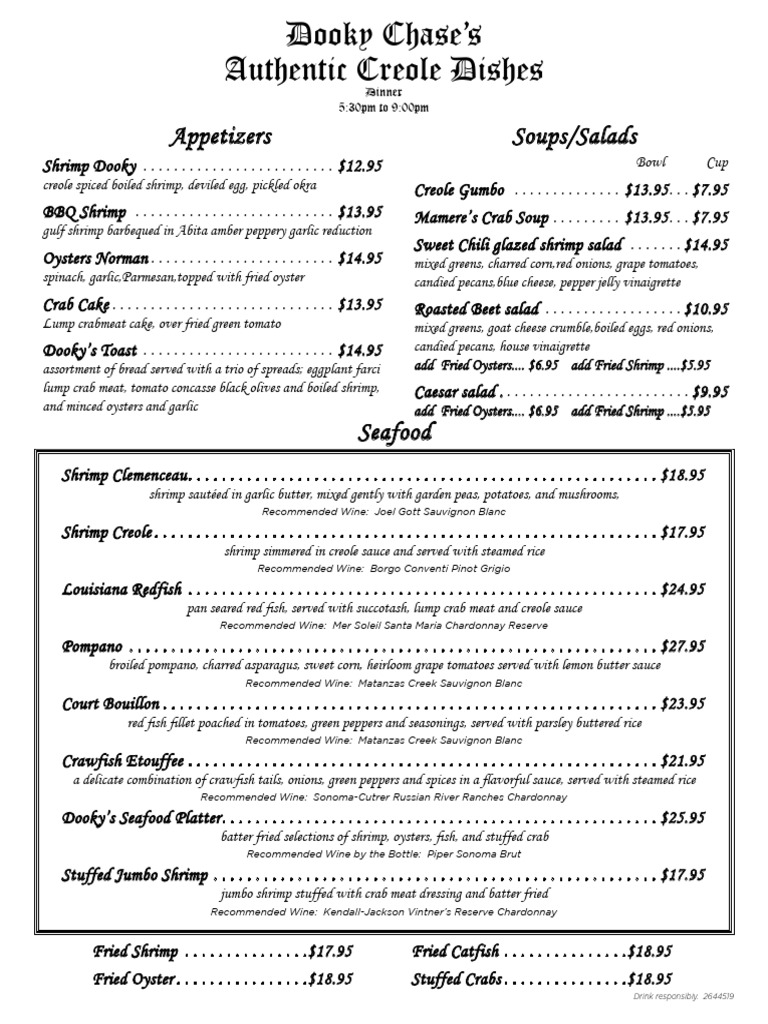 Dooky Chase Restaurant Menu & Prices | PDF | Louisiana Creole Cuisine | Foods