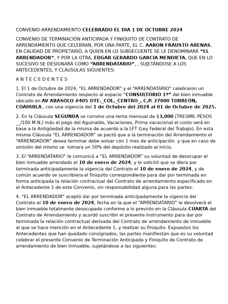 Convenio de Terminación Anticipada | PDF | Consentimiento | Derecho