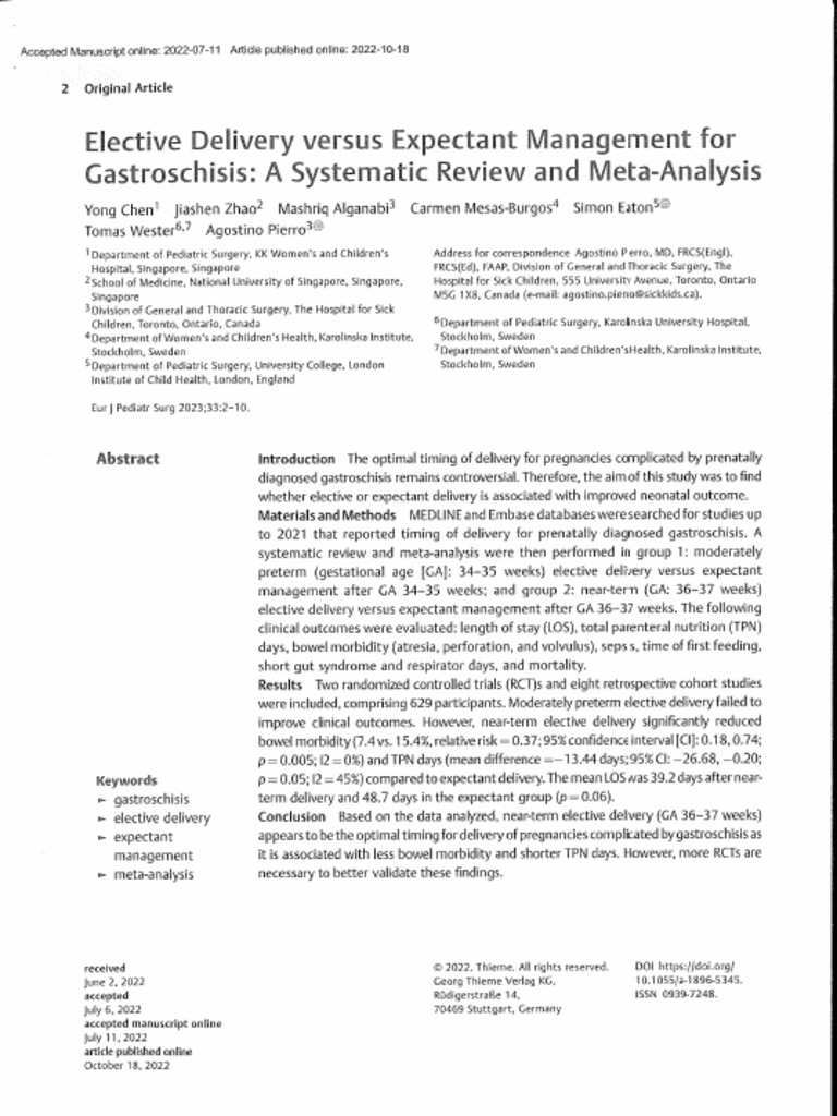 Elective Delivery Vs Expectant Management For Gastroschisis - Eur J Ped ...