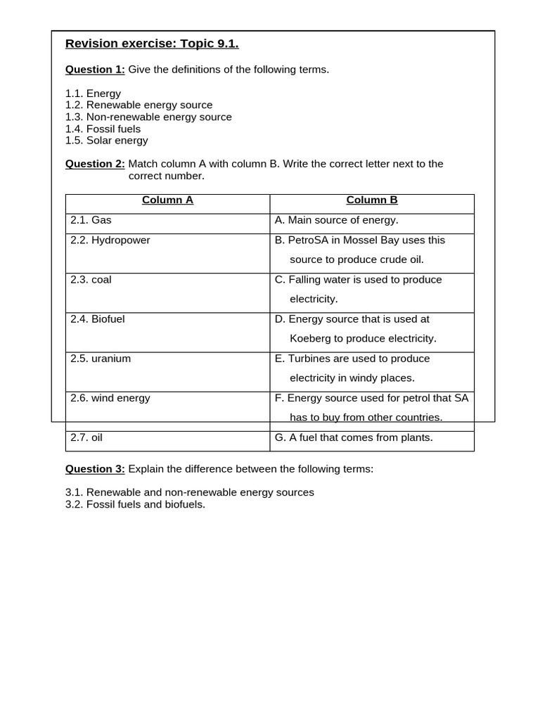 Energy Sources Worksheet for Grade 7 | PDF | Energy Development | Fuels