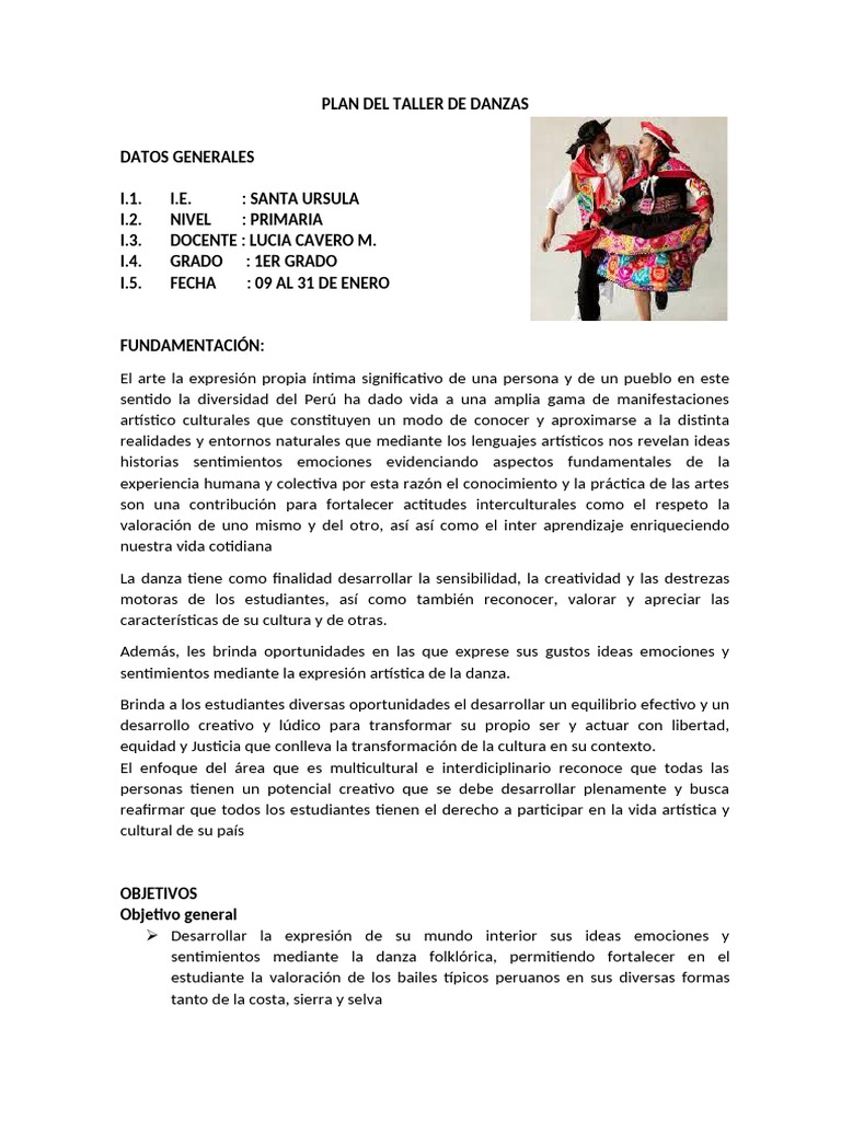 Plan Del Taller de Danzas | PDF | Bailes | Aprendizaje