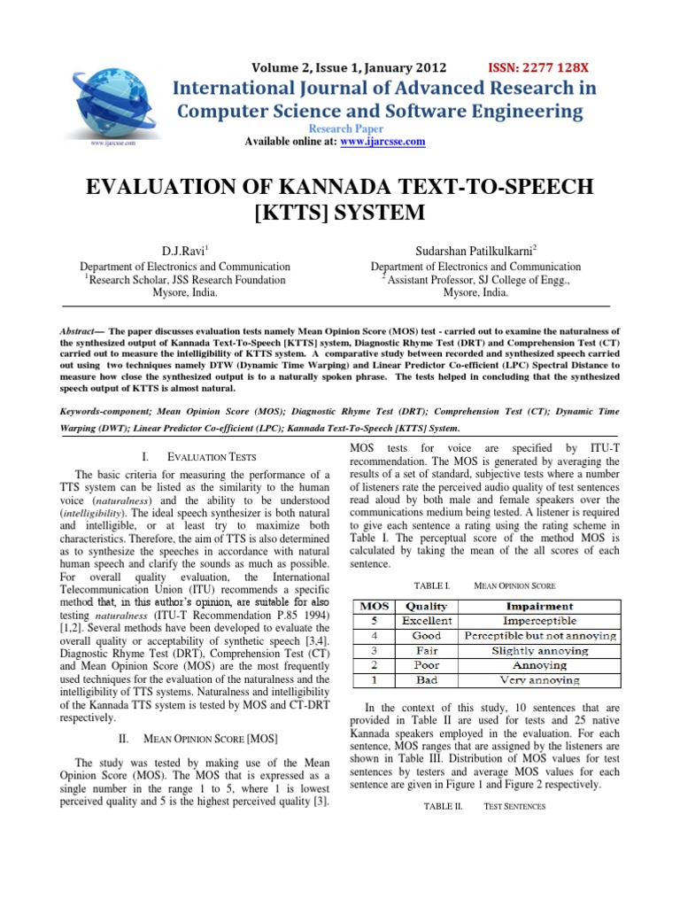 Evaluation of Kannada Text-To-Speech (KTTS) System | PDF