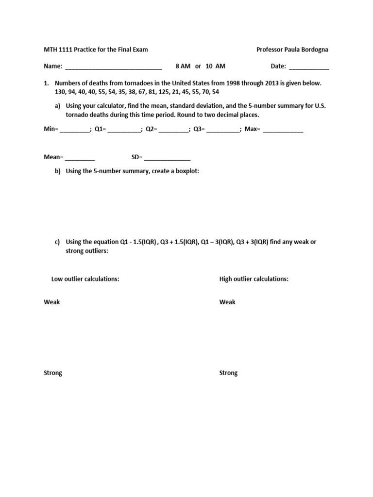 MTH 1111 Final Exam Practice Guide | PDF | Linear Regression | Normal ...