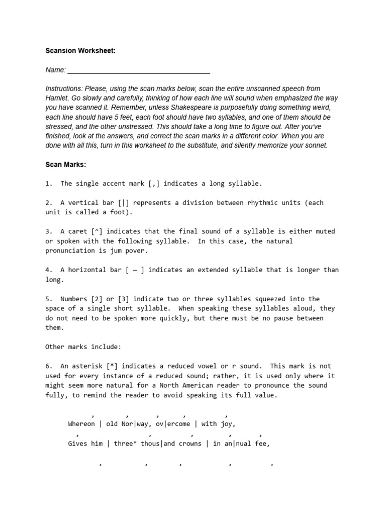 Scansion Worksheet Pdf Phonetics Linguistics
