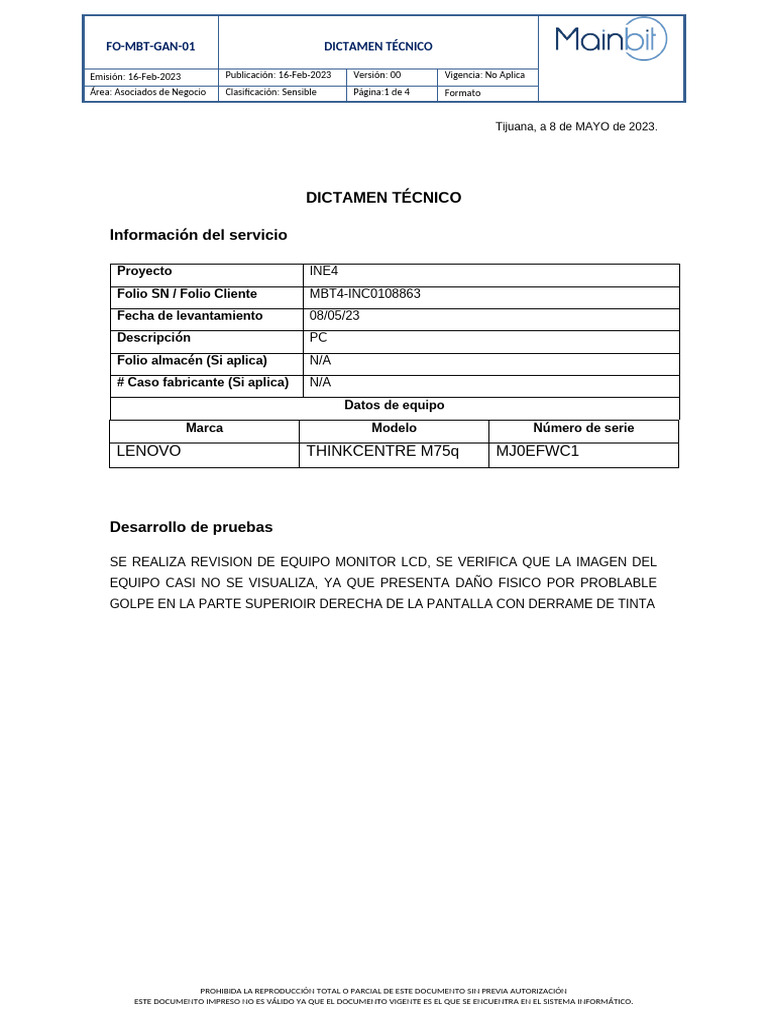 DICTAMEN TECNICO MBT4-INC0108863 | PDF | Informática
