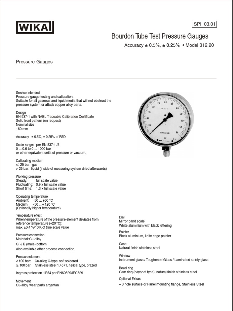 Bourdon Tube Test Pressure Gauges EN 8371 With NABL Traceable