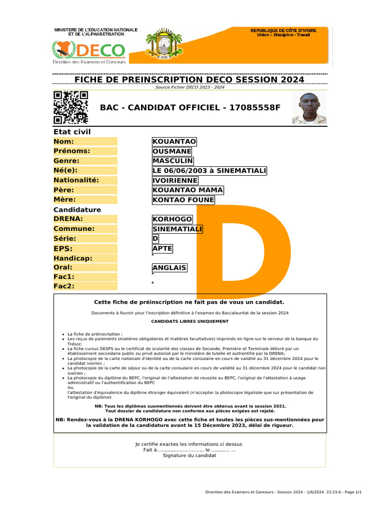 Fiche de préinscription concours INJS 2025 | PDF